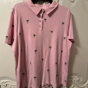 Pink Polo Shirt with Green Palm Tree Embroidery